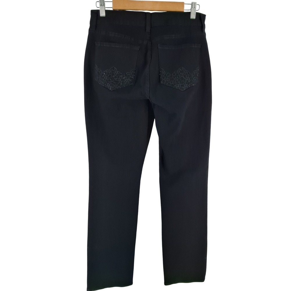 NYDJ Marilyn Straight Jeans Black Embroidered Pockets Lift Tuck Tech Size 10 - Picture 2 of 6